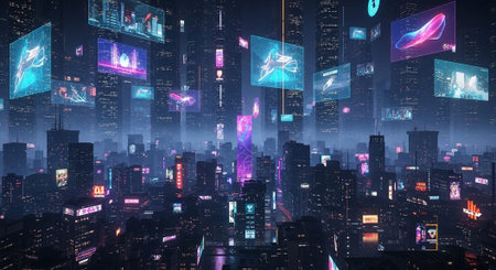 Futuristic Smart City Skyline with Neon Lights and Advanced Transportation Technology.