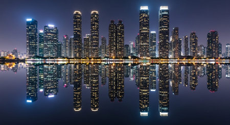 Futuristic Smart City Skyline with Neon Lights and Advanced Transportation Technology.の写真素材