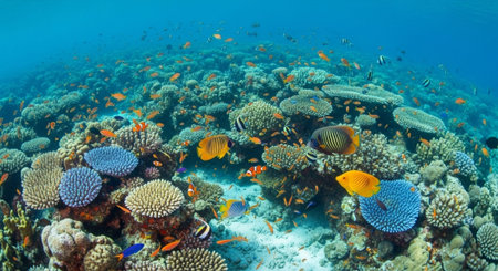 Underwater Marine Life with Tropical Fish in Blue Ocean.