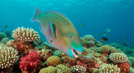 Underwater Marine Life with Tropical Fish in Blue Ocean.