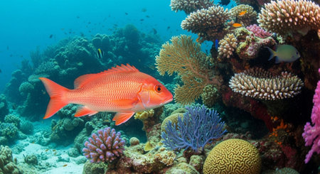 Underwater Marine Life with Tropical Fish in Blue Ocean.