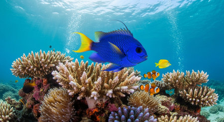 Underwater Marine Life with Tropical Fish in Blue Ocean.