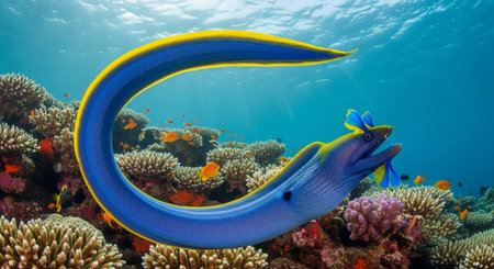 Underwater Marine Life with Tropical Fish in Blue Ocean.