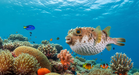 Underwater Marine Life with Tropical Fish in Blue Ocean.