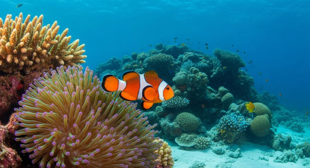 Underwater Marine Life with Tropical Fish in Blue Ocean.