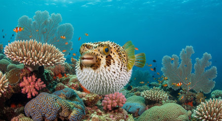 Underwater Marine Life with Tropical Fish in Blue Ocean.
