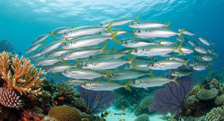 Underwater Marine Life with Tropical Fish in Blue Ocean.