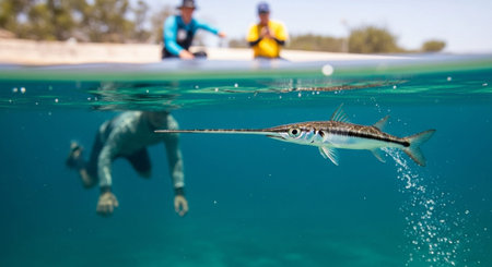 Underwater Marine Life with Tropical Fish in Blue Ocean.