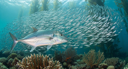 Underwater Marine Life with Tropical Fish in Blue Ocean.