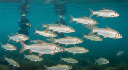 Underwater Marine Life with Tropical Fish in Blue Ocean.