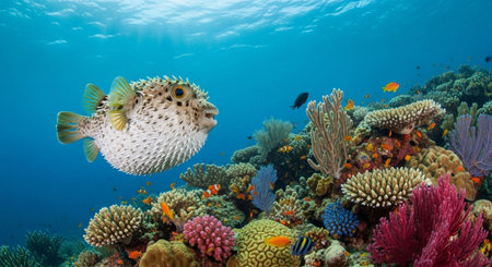 Underwater Marine Life with Tropical Fish in Blue Ocean.