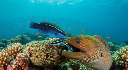 Underwater Marine Life with Tropical Fish in Blue Ocean.