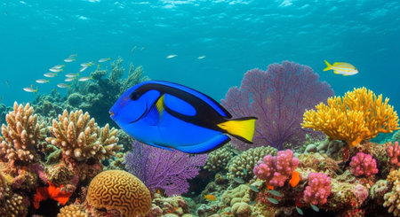Underwater Marine Life with Tropical Fish in Blue Ocean.