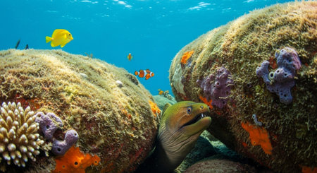 Underwater Marine Life with Tropical Fish in Blue Ocean.