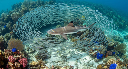 Underwater Marine Life with Tropical Fish in Blue Ocean.