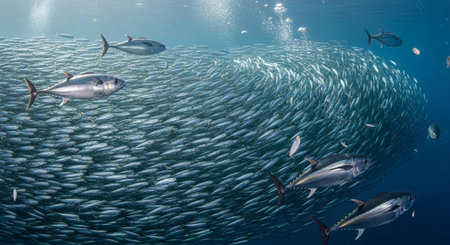 Underwater Marine Life with Tropical Fish in Blue Ocean.