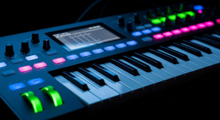 Creative Music Background Collection Featuring Cinematic Instruments, Neon Lights and Atmospheric Scenes.