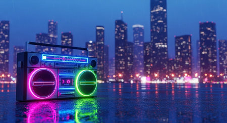 Creative Music Background Collection Featuring Cinematic Instruments, Neon Lights and Atmospheric Scenes.