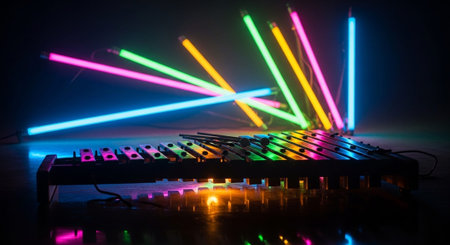 Creative Music Background Collection Featuring Cinematic Instruments, Neon Lights and Atmospheric Scenes.