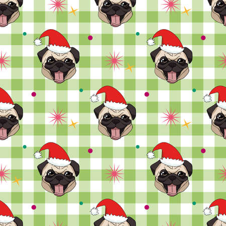 Vector seamless pattern with cute hand drawn pug heads in Christmas hats with stars and circles on light green and white plaid background. Endless texture with funny cartoon dogs for New year designのイラスト素材