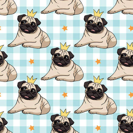 Seamless pattern with cute hand drawn pugs, crowns and stars on light blue and white plaid background. Vector dog illustration. Endless texture with funny cartoon dogs for your designのイラスト素材