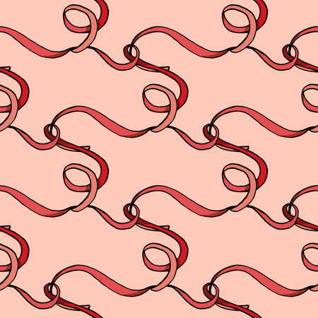Seamless pattern with hand drawn ribbons on pink background