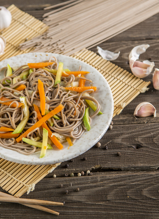 asian soba noodle and chiken teriyakiの写真素材