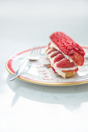 Fresh cake with strawberries on a red plate with a cup of cappuccino. Food and Christmas mood on a...