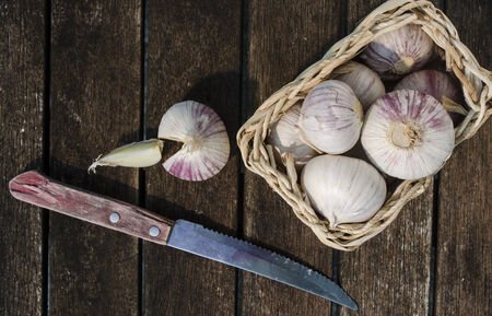 garlic in a basketの写真素材