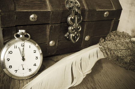 Antique items on a tableの写真素材