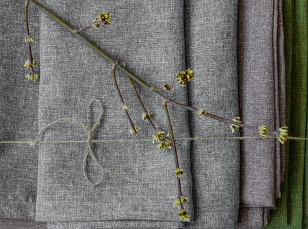 Green leaves laying on the folded gray fabric top view. Creative photo composition with leves and textile background.の写真素材