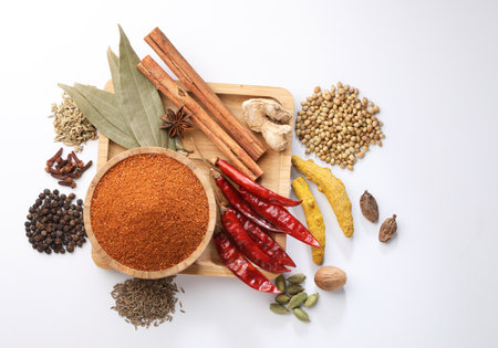 Spices Curry Masala Powder with ingredients, this is a common spice ,curry powder in Indian kitchenの写真素材