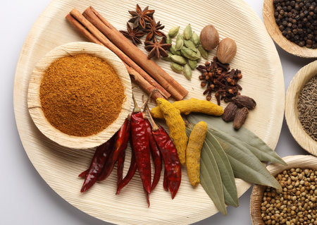 Spices Curry Masala Powder with ingredients, this is a common spice ,curry powder in Indian kitchenの写真素材