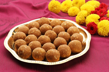 Rava or semolina and watermelon seed laddu a healthy Indian sweet. Laddu is a most common sweet in India made for weddings Diwali Holi or other traditional festival or celebration.の写真素材