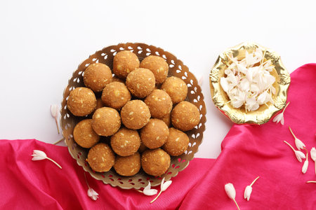 Rava or semolina and watermelon seed laddu a healthy Indian sweet. Laddu is a most common sweet in India made for weddings Diwali Holi or other traditional festival or celebration.の写真素材