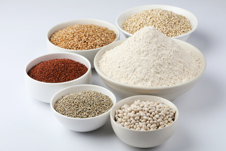 multigrain atta or flour for everyday use at Indian households. wheat, bajra, jowar, corn, rajgira, soyabean, flax seed, chana daal,の写真素材