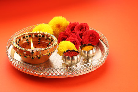 Indian Festival Diwali, Diwali oil lamp and flowersの写真素材
