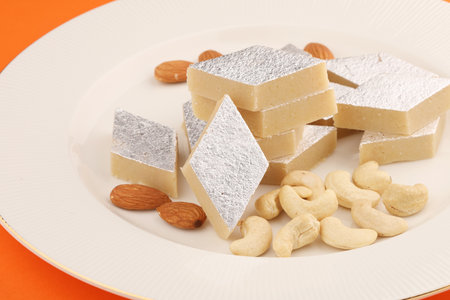 Kaju Katlee or Kaju Barfee is a very famous and delicious sweet snack. Prepared with cashew nuts, sugar and ghee or butter oil.の写真素材