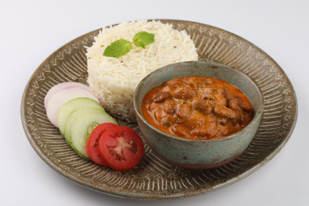 Kidney bean curry or rajma or rajmah chawal and rice roti. Typical north Indian food main course. Basmati rice with dal curry in Delhi Mumbai Rajasthan India.の写真素材
