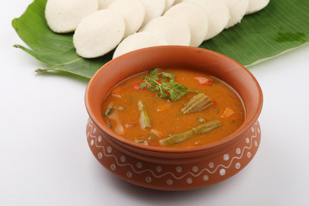 Traditional breakfast of South India IDLY served with sambarの写真素材