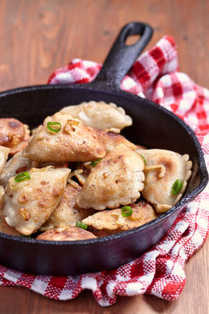 Homemade dumplings fried with onion on a panの写真素材