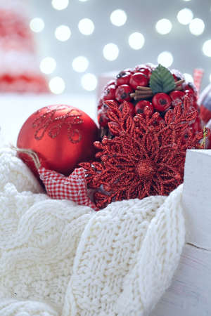 Christmas decoration with red balls and snowflakeの写真素材