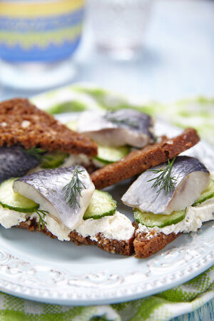 Sandwich with herring, cucumber and soft cheeseの写真素材