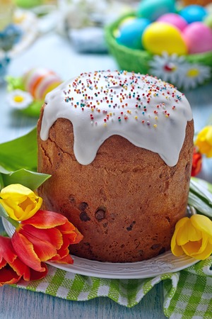 Easter cake and colorful eggs for Easter