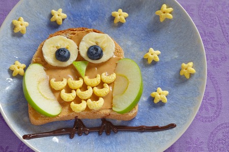 Owl sandwich with peanut butter and fruits for a kidsの写真素材
