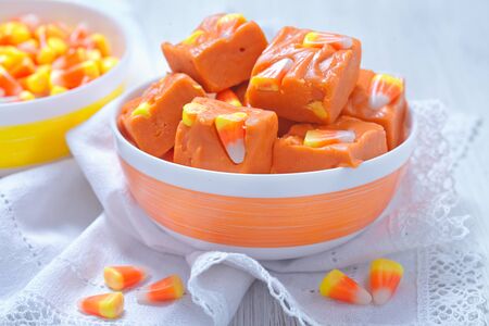 Delicious butterfinger fudge with candy corn and peanut butterの写真素材