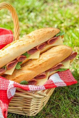baguette sandwiches with salami and cheese for a picnicの写真素材