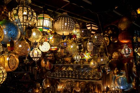 Traditional Arabic lanterns. hanging mosaic glass lampsの写真素材