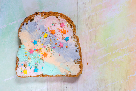 Unicorn food toasted bread with colorfur cream cheeseの写真素材