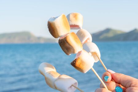 Hand holding a hot smore. Sweet dessert made from cookies, chocolate and marshmallowの写真素材